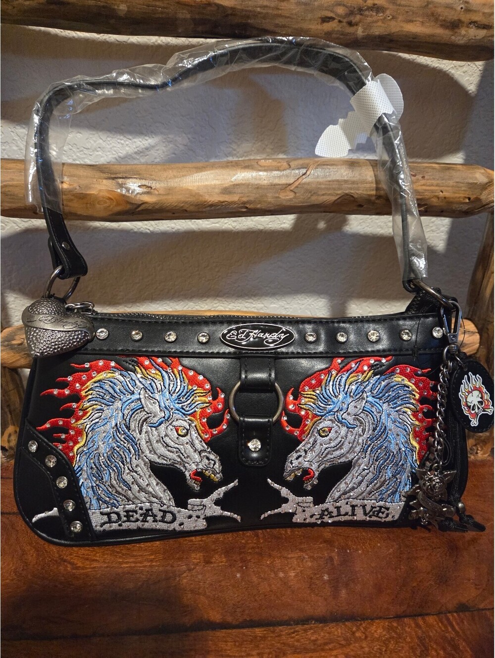 Ed Hardy Black Leather Shoulder Bag with Embroidered Horse Design